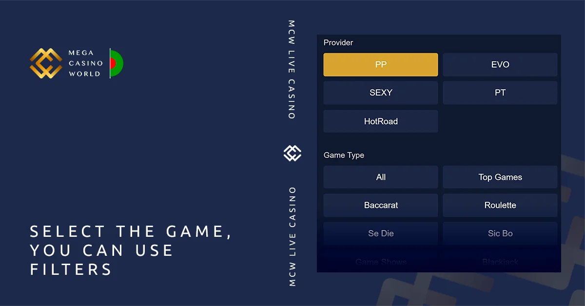 Using filter and search, find live casino games you like - MCW
